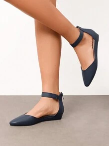 Women's Closed Pointed Toe Low Wedge Ankle Strap Casual Comfortable Ballet Flats With Back Zipper Design Party Wedding Shoes Navy - 藏蓝色 - 查看 2