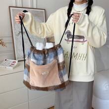 Drawstring Closure Backpack In Texture, Large Capacity Student Leisure Shoulder Bag With Exterior Pocket, For Women