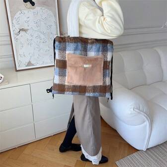 Drawstring Closure Backpack In Texture, Large Capacity Student Leisure Shoulder Bag With Exterior Pocket, For Women