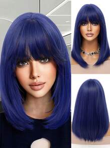 Casual Cute Blue Medium Length Straight Wig Klein Blue Bob Wig With Bangs Women's Synthetic Heat Resistant Shoulder Length Wig Halloween Costume Wig Christmas Daily Party Use 16 Inch - Blue - View 1