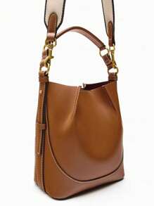 New Brown Pleated Drawstring Bucket Handbag For Women, Wide Strap Crossbody Bag, Versatile Design Winter Gifts - Brown - View 3