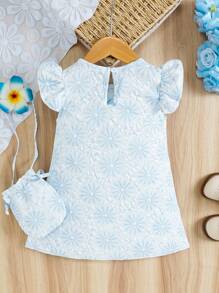 Baby Girl Textured Bow Decor Party Dress With Handbag - Baby Blue - View 2