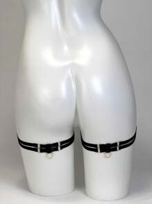 2pcs Fashion Women Double Layer Leg Rings Body Decoerative Belt Elastic Thigh Strap Suitable For Daily Stocking Matching Use - Black - View 3