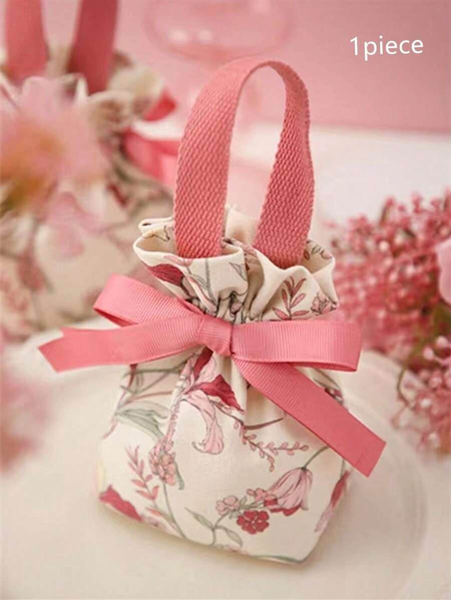 1pc/Pack Multi-Color Floral Non-Woven Fabric Gift Bag, Drawstring Packaging Bag, Suitable For Wedding, Valentine's Day, Holidays, Party, Gift Wrapping Decoration Valentine's Day - Pink - View 1