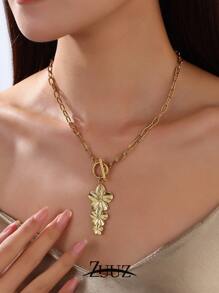 1pc 18K Gold Plated Stainless Steel Necklace Exaggerated Gold Flower Pendant Necklace For Women Female Jewelry Gifts