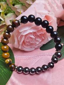 3-Layer Protection Bracelet: 8mm Tiger Eye Stone & Round Crystal (Gemstone Elastic Bracelet) - Multicolor - View 6