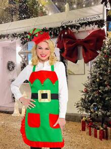 Christmas Apron + Christmas Headband 2 Pieces Set With Bells Embellishments, A Size That Fits Most Adult Christmas Apron Dresses Halloween - Multicolor - View 7