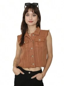 Womens Distressed Denim Button Up Sleeveless Crop Vest - Brown - View 3