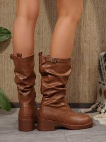 女式复古棕色粗跟纯色牛仔靴、马靴、西部靴、小牛靴、圆头 - 棕色 - 查看 6