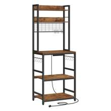 VASAGLE Kitchen Storage Rack With Power Outlet, Coffee Bar, Baker's Rack, With Metal Wire Panel, 14 Hooks, For Microwave, Steel Frame, 40 X 60 X 170 Cm, Rustic Brown And Ink Black