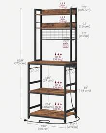 VASAGLE Kitchen Storage Rack With Power Outlet, Coffee Bar, Baker's Rack, With Metal Wire Panel, 14 Hooks, For Microwave, Steel Frame, 40 X 60 X 170 Cm, Rustic Brown And Ink Black