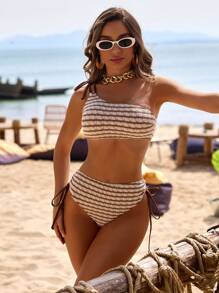 性感吊带条纹面料比基尼泳装，海滩度假夏季 - 棕色 - 查看 3