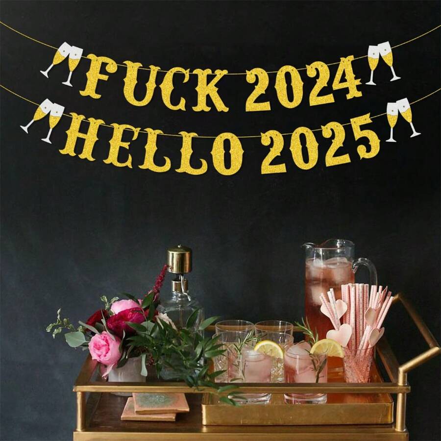 1 套，再见 2024 你好 2025 新年 DIY 闪光横幅金色闪光悬挂彩旗花环用于新年前夜装饰 2025 新年快乐装饰、NYE 派对用品、闪光再见 2024 装饰 - 彩色 - 查看 1