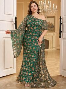 SUPGIR Plus 女士优雅花卉刺绣串珠荷叶边不对称袖连衣裙、奢华晚礼服、婚礼宾客礼服派对礼服 - 墨綠色 - 查看 4