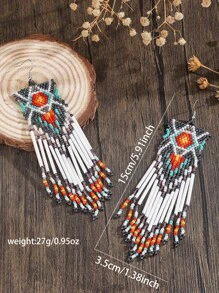 1 Cặp hoa tai tua rua hình học Bohemian cổ điển, trang sức thời trang thủ công phù hợp cho phụ nữ đeo hàng ngày, đa năng và là món quà tuyệt vời cho ngày lễ - tua rua đính cườm bằng tay - Xem 2