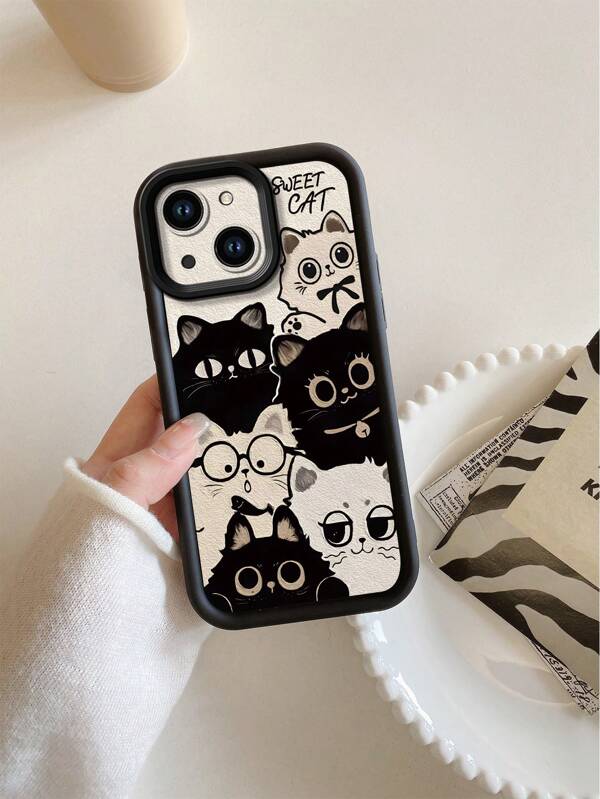 1 pieza Lindo estuche protector para teléfono con cristales decorativos de gato blanco y negro compatible con Apple///Redmi/Infinix/Vivo