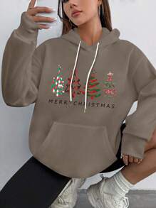1 peça moletom feminino esportivo de cor sólida com capuz solto e cordão, estilo natalino, com letras impressas, roupas para casa, pijamas quentes, adequado para casa, saídas, atividades de férias de Natal, estilo esportivo casual - Cinza - Ver 1