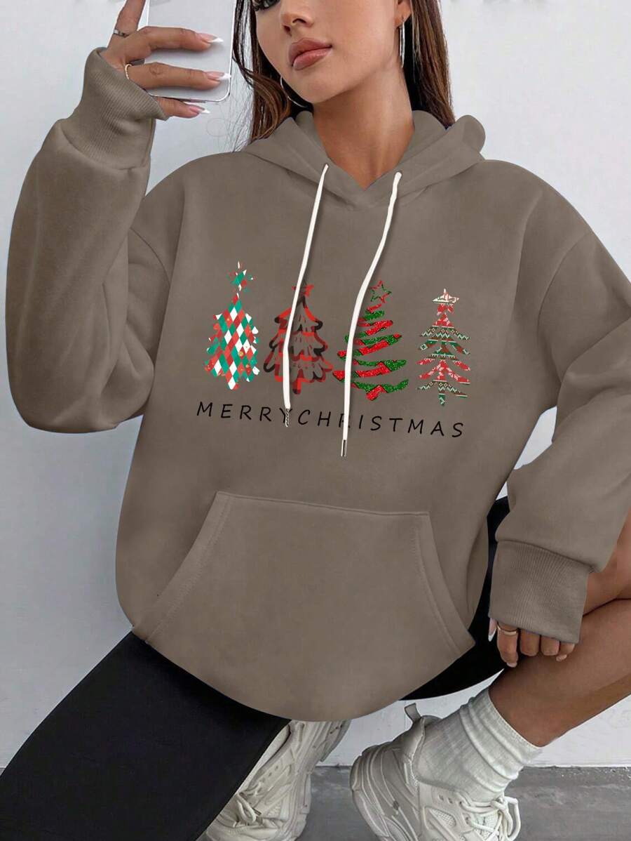 1 peça moletom feminino esportivo de cor sólida com capuz solto e cordão, estilo natalino, com letras impressas, roupas para casa, pijamas quentes, adequado para casa, saídas, atividades de férias de Natal, estilo esportivo casual - Cinza - Ver 1