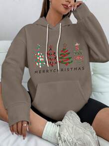 1 peça moletom feminino esportivo de cor sólida com capuz solto e cordão, estilo natalino, com letras impressas, roupas para casa, pijamas quentes, adequado para casa, saídas, atividades de férias de Natal, estilo esportivo casual - Cinza - Ver 4