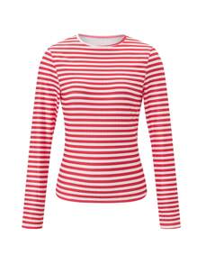 Women's Rib Knitted Striped T-Shirts Contrast Color Slim Fit Long Sleeve Round Neck Casual Tee Tops - Red - View 6