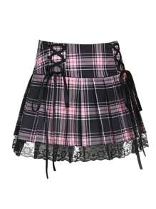 Women Gothic Lace Trim Pleated Mini Skirt Punk High Waist A Line Retro Skirt For Casual Party Cosplay - 彩色 - 查看 4