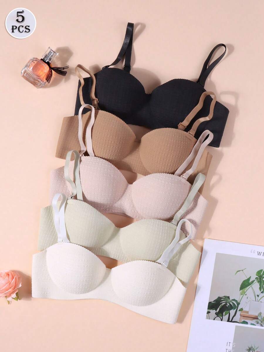 5 piezas de sujetadores texturizados para adolescentes. Estilos de sujetadores minimalistas cómodos, diseño de tirantes sensible, adecuado para niñas de 13 a 16 años - Multicolor - Ver 1