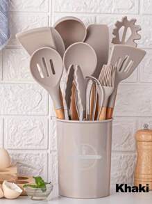 1 套厨房用具套装、硅胶炊具套装、12 件硅胶厨房用具套装、木制烹饪用具、厨房小工具、硅胶餐具套装、带储物桶的厨房工具