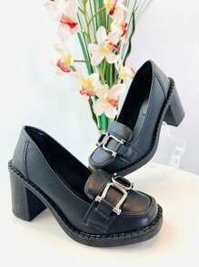 Women's Moccasin High Thick Heel - 黑色 - 查看 1