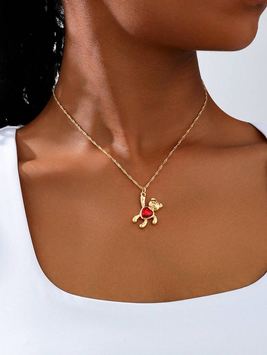 1 件时尚可爱百搭情人节约会夜金属卡通红心和金熊吊坠项链，适合日常、派对、礼物、惊喜盒，送给女朋友、闺蜜的精致珠宝礼物，独特配饰 - 小熊 - 查看 1