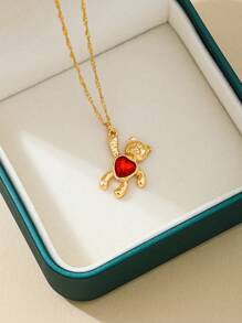 1 件时尚可爱百搭情人节约会夜金属卡通红心和金熊吊坠项链，适合日常、派对、礼物、惊喜盒，送给女朋友、闺蜜的精致珠宝礼物，独特配饰 - 小熊 - 查看 2