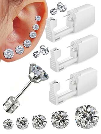 2件-9件穿孔套装-一次性耳洞枪家用耳洞工具+5件银色/金色方晶锆石仿钻石CZ平背耳钉