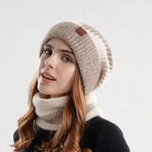 2 Pieces Knitted Soft And Fleece Bib 2 Pieces Knitted Hat And Scarf Slouchy Beanie Hat Set Women's Fashion Knitted Hat Soft Cold Beanie Scarf Set