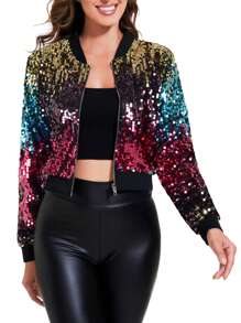 Women's Sparkly Sequin Cropped Jacket Long Sleeve Zipper Up Party Club Bomber Jacket - 漸層色 - 查看 1