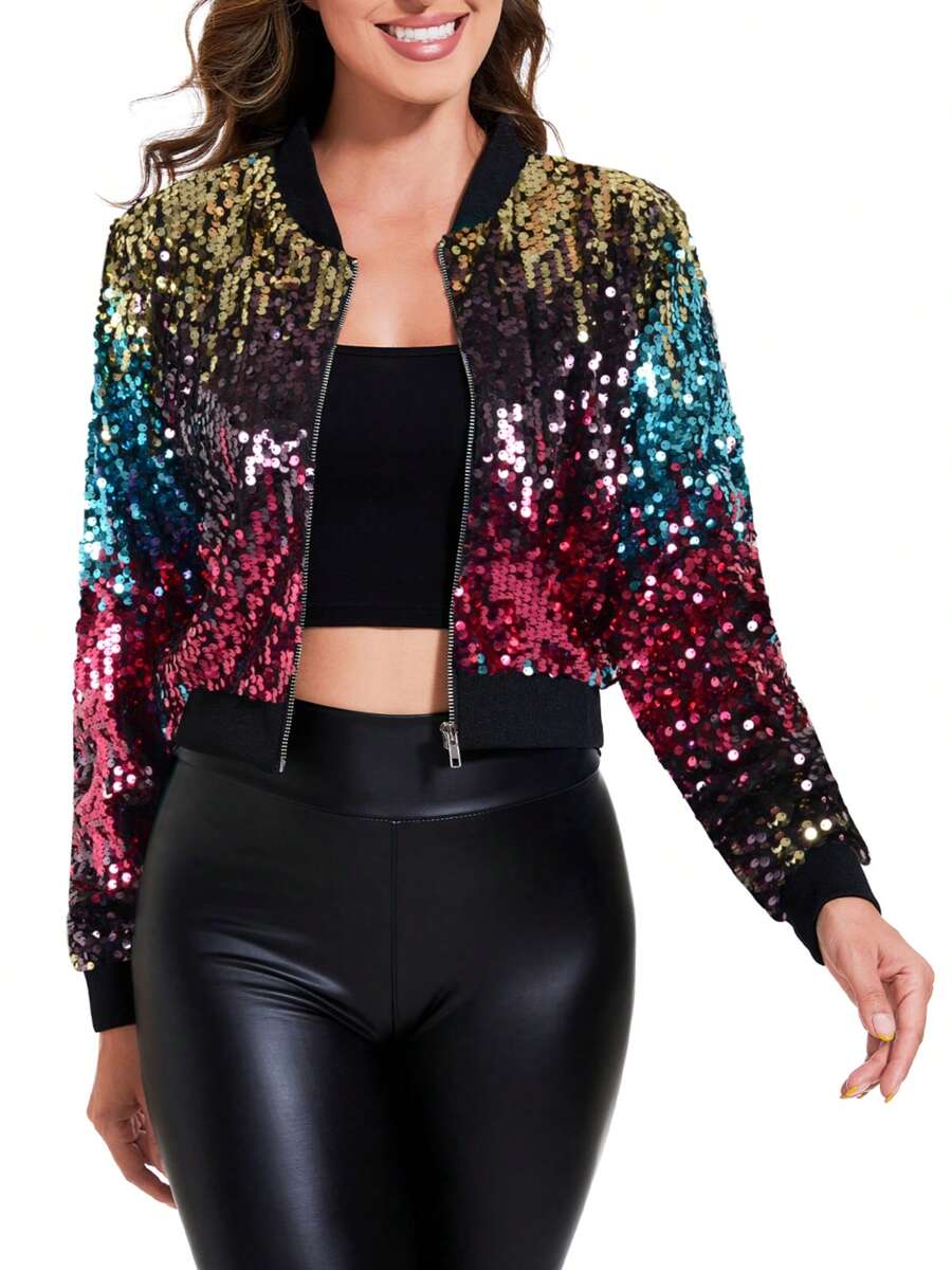 Women's Sparkly Sequin Cropped Jacket Long Sleeve Zipper Up Party Club Bomber Jacket - 漸層色 - 查看 1