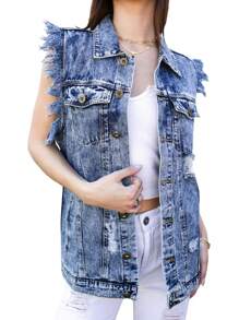 Womens Oversized Distressed Denim Vest Sleeveless Jean Jacket With Pockets
