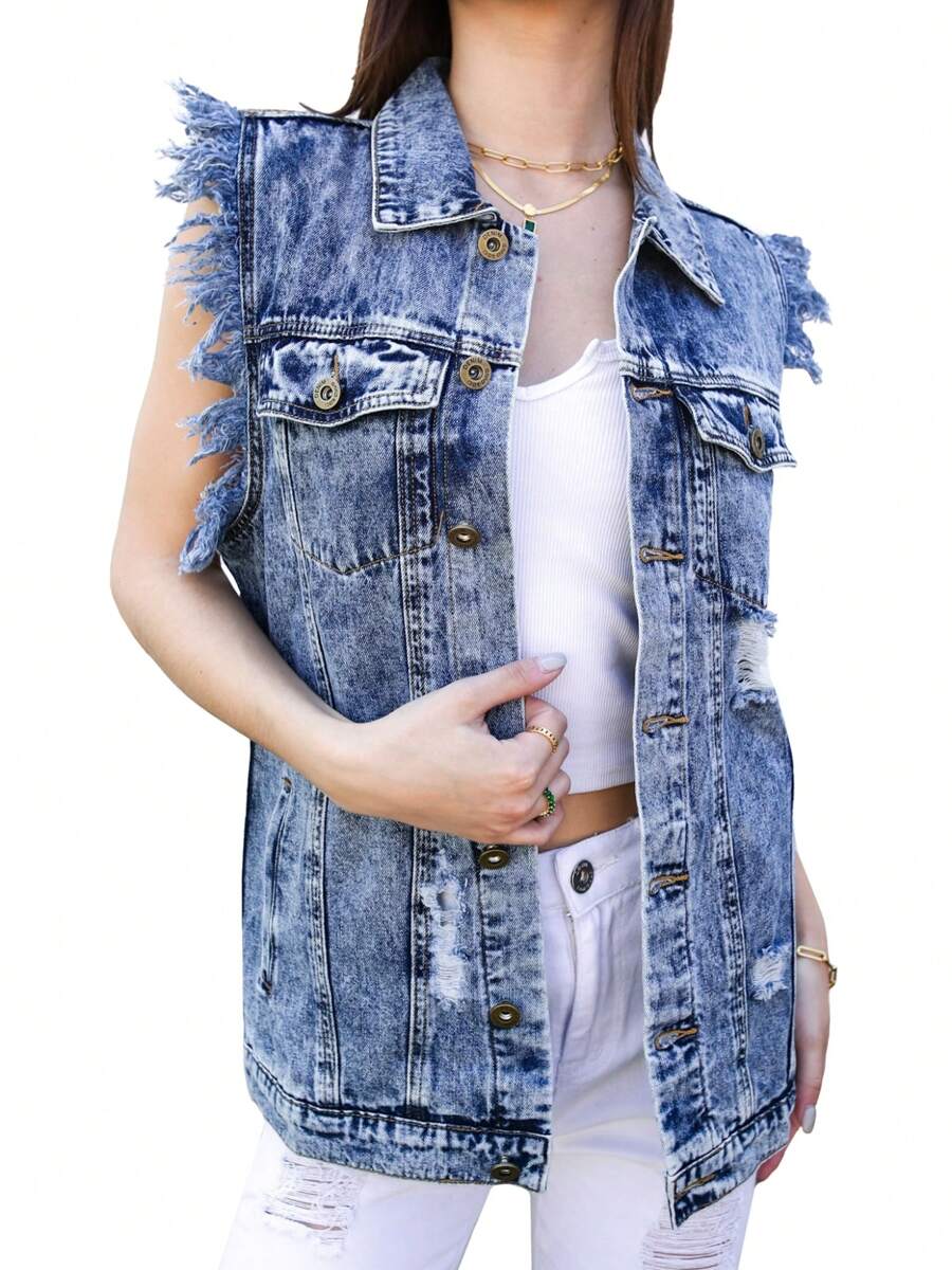 Womens Oversized Distressed Denim Vest Sleeveless Jean Jacket With Pockets