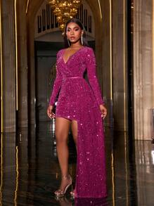 Faeriesty Sequin Surplice Neck Draped Side Party Dress - Hot Pink - View 6