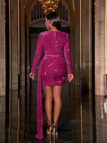 Faeriesty Sequin Surplice Neck Draped Side Party Dress - Hot Pink - View 3