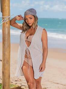 Women's Short Sleeve Beach Cover-Up 2-Piece Kit Knitted Swimwear - 黑色和關閉 - 查看 5