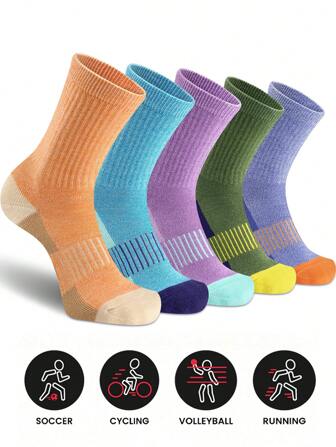 5 Pairs Of Mixed Color Women's Socks For Hiking, Running, Thick Padded Athlete's Long Socks
