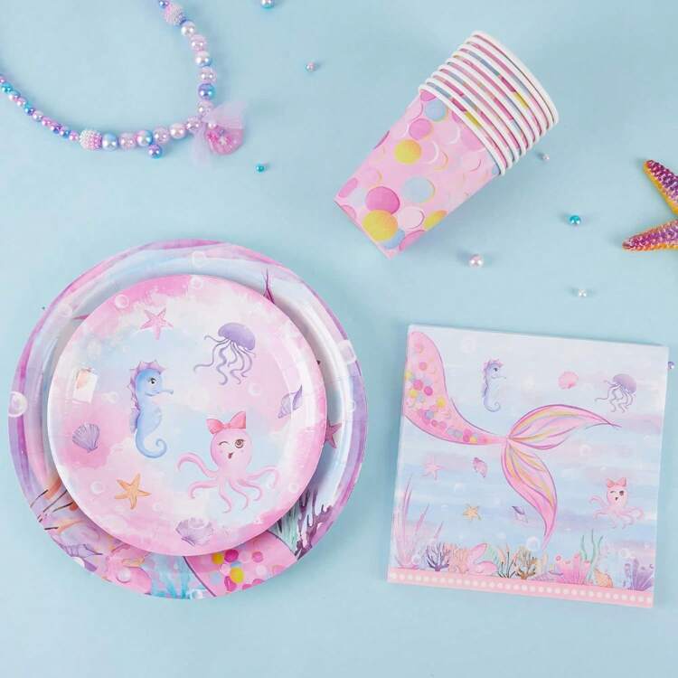 24 件美人鱼纸盘餐巾，粉色派对盘子一次性派对用品蛋糕甜点盘，适合女孩海底海洋生日派对晚餐餐具套装派对装饰品，24 位客人 - 彩色 - 查看 7