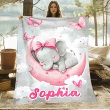 1 pièce Couverture portable personnalisée avec le nom/texte d'un bébé éléphant endormi - Jeté en flanelle léger pour sofa, lit, voyage, camping, salon, bureau, canapé, chaise et lit. Couverture en polaire avec impression numérique, flanelle douce et chaude