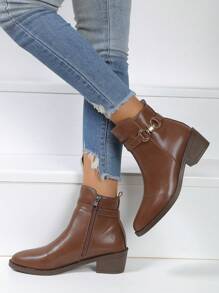 Women's Brown Pointed Toe Chunky Heel Zip-Up Short Boots, Casual Autumn/Winter Boots