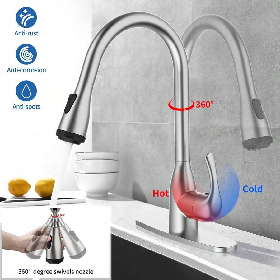 1 Juego de grifo de acero inoxidable 304 con manijas de aleación de zinc, dos salidas de agua, diseño giratorio anti-salpicaduras, adecuado para cocina de autocaravana y hogar - Plateado - Ver 1