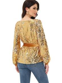 Long Sleeve Sequin Crew Neck Fashion Pullovers Sweatshirt Evening Party - 金色 - 查看 2