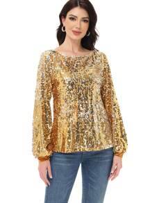 Long Sleeve Sequin Crew Neck Fashion Pullovers Sweatshirt Evening Party - 金色 - 查看 4
