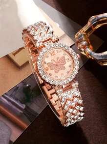 Bộ 2 chiếc/bộ dành cho bé gái bằng thép không gỉ mạ vàng hồng đính đá Rhinestone trang trí hình bướm và mặt đồng hồ thạch anh tròn và vòng tay tinh tế, thích hợp để đeo hàng ngày và đi nghỉ, quà tặng cho mẹ - Hoa hồng vàng - Xem 3