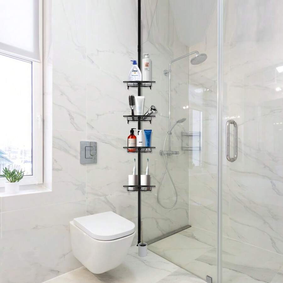 Bathroom Storage Rack, Telescopic Bathroom Shelf Stainless Steel Corner Bracket 4 Layers Solid Black Home Bathroom Decor Bathroom Organizer Summer Back To School - Black - View 1
