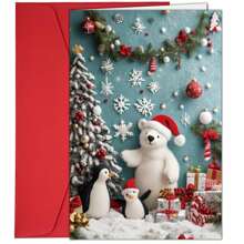 1 tấm thiệp Giáng sinh kèm phong bì - Gấu Bắc Cực và hai chú chim cánh cụt đội mũ Giáng sinh, thích hợp cho gia đình và bạn bè, quà tặng lý tưởng cho ngày lễ - Nhiều màu - Xem 6