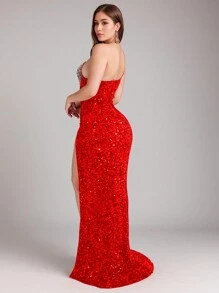 PORRCEY Women Rhinestone And Sequin Birthday Party One Shoulder Backless Sleveless Sexy Club Night Out Dress Crop Top Velvet High Slit Clubwear Valentine's Day Date Nght Irish Holiday Green Holiday Decor St. Patrick's Day St. Paddy's Day Carnival Masquerade Ball  Chinese New Year Wedding, Bachelor Party - 紅色 - 查看 2